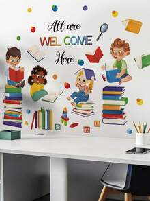 [5 Styles Available] Children's Reading Theme Wall Stickers - Cartoon Books / Hot Air Balloons / Inspirational Quotes, Self-Adhesive Waterproof Removable PVC Material For Children's Room, Reading Corner, Classroom Wall Decor - Wall Stickers - View 14