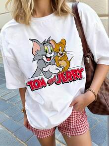 SHEIN X Tom & Jerry 夏季女款短袖T恤，經典卡通角色同框趣味印花搭配品牌字母設計，休閒白色 - 白色 - 查看 3