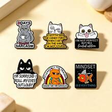 Alfinetes de Expressão de Gato Sarcástico Engraçado - Inclui 6 Estilos de Gatos com Citações Humorísticas e Peixes de Humor, com Texto Humorístico em Negrito, Base de Metal Durável e Contorno Preto, Broches de Metal Neutro Adequados para Amantes de Gatos e Fãs de Memes, Uso Diário ou Presente, Acessório de Moda com Tema de Humor Ácido - Multicolorido - Visão 3