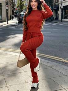 Women's Knitted Set: Blouse And Shaping Pants, Comfortable And Versatile For Everyday Wear - Gỗ đỏ - Xem 3
