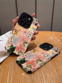 1件装时尚猫咪花朵图案竖条纹仿皮防震防指纹手机壳，适合作为生日/节日礼物送给朋友、家人、情侣，兼容苹果及其他型号手机。 - 彩色 - 查看 2