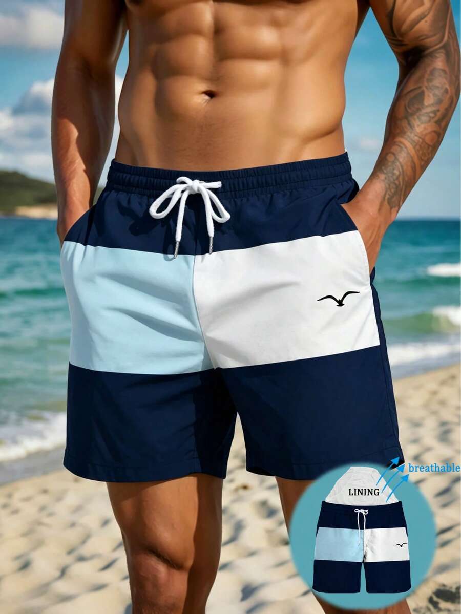 Men's Printed Pattern Drawstring Waist Side Pocket Hawaiian Quick-Dry Double Layer Mesh Lining Beach Shorts, Seagull Color Block 3D Graphic, Fashion Casual Beach Resort Swim Trunks,Hawaiian