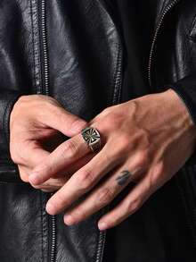 1枚欧美复古十字戒指，男女皆宜，个性朋克街头风开口情侣戒指 - 復古銀色 - 查看 4