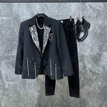A Must-Have For Handsome Guys, Fashionable High-End Suit Jacket With Heavy Sequin Splicing Design, High-End Fashion Chain Decoration Suit Jacket, Men's Casual Suit Jacket, Fashionable Suit Suitable For Parties And Dinners - 黑色 - 查看 3