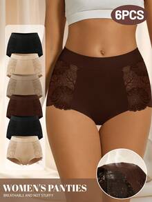 MEIYATING 6pcs Women High Waist Floral Lace Mesh Patchwork Seamless Comfortable Sexy Hollow Out Panties, Suitable For Daily Wear & Commuting - Multicolor - View 2