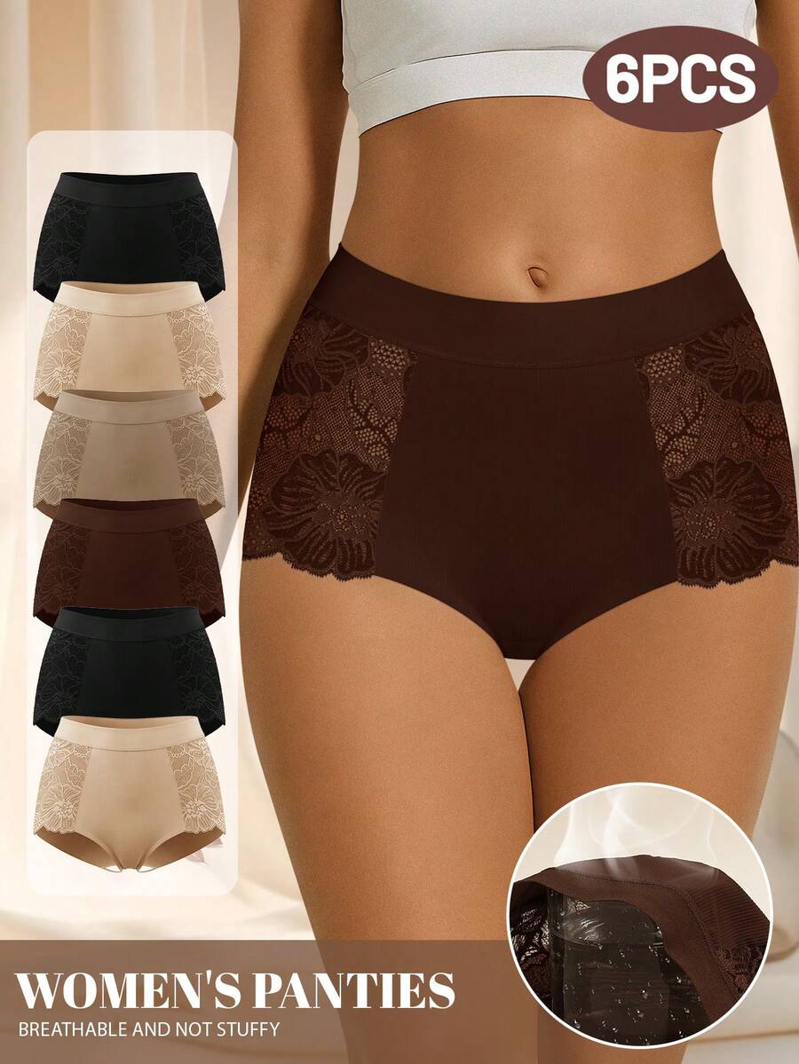 MEIYATING 6pcs Women High Waist Floral Lace Mesh Patchwork Seamless Comfortable Sexy Hollow Out Panties, Suitable For Daily Wear & Commuting