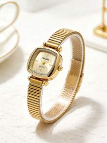 1pc Elegant Retro Women's Quartz Watch, Small Square Dial, High-Quality Alloy Case, Luxury Refined, Minimalist Fashionable, Suitable For Daily Commute And Office, Pairs Perfectly With Modern Casual Outfits, Ideal For Outings, Work, Commute, Parties, Weddings, And A Perfect Gift For Wife, Sister, Friend, And Family On Birthdays, Anniversaries, Mother's Day, And Other Special Occasions, A Refined Ladies' Watch Accessory - Gold - View 3