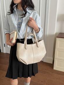 Women's Solid Color High-Quality Leather Large Capacity Handbag, Shoulder Bag, Tote Bag For Daily Use - Beige - View 3