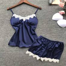 Nuevo conjunto de dos piezas de ropa de descanso con tirantes de encaje y pantalones cortos de encaje con cintura en V profunda multicolor europeo y americano - Azul - Ver 1