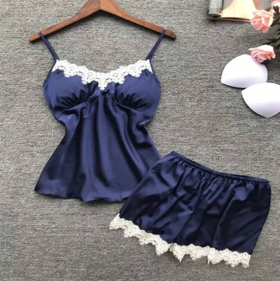 Nuevo conjunto de dos piezas de ropa de descanso con tirantes de encaje y pantalones cortos de encaje con cintura en V profunda multicolor europeo y americano - Azul - Ver 1