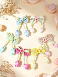6pcs Colorful Fabric Flower & Bow Hair Clips, Suitable For Daily Wear, Spring/Summer - Multicolor - View 5