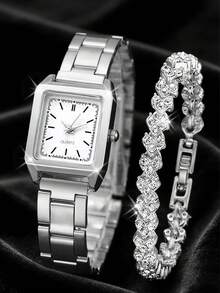 Set de 2 piezas Reloj de mujer con esfera de números romanos y pulsera con letra LOVE, de aleación metálica, de moda y casual, adecuado para uso diario o como regalo para vacaciones - Dorado - Ver 21