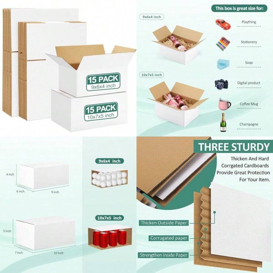 Eupako - Paquete de 30 cajas de envío pequeñas de varios tamaños 15 piezas cada una cajas de cartón corrugado cajas de cartón para embalaje para pequeñas empresas envío - Blanco - Ver 1