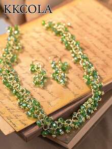 KKCOLA 3pcs/Set Summer Fashion Green Necklace Set Earrings Necklace Set, High-End Jewelry Birthday Gift Party Mother's Day Premium Jewelry Chain Accessories, Fashionable Everyday Wear - 黑色 - 查看 5
