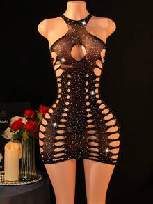 女士性感镂空无袖透视网纱吊带睡裙，饰有水钻，适合私密夜店派对晚宴穿着 - 黑色 - 查看 1