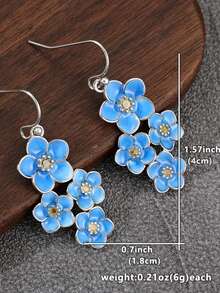 一对优雅复古蓝色花朵耳坠，精致花簇耳环，柔美风格日常佩戴 - 藍色 - 查看 3