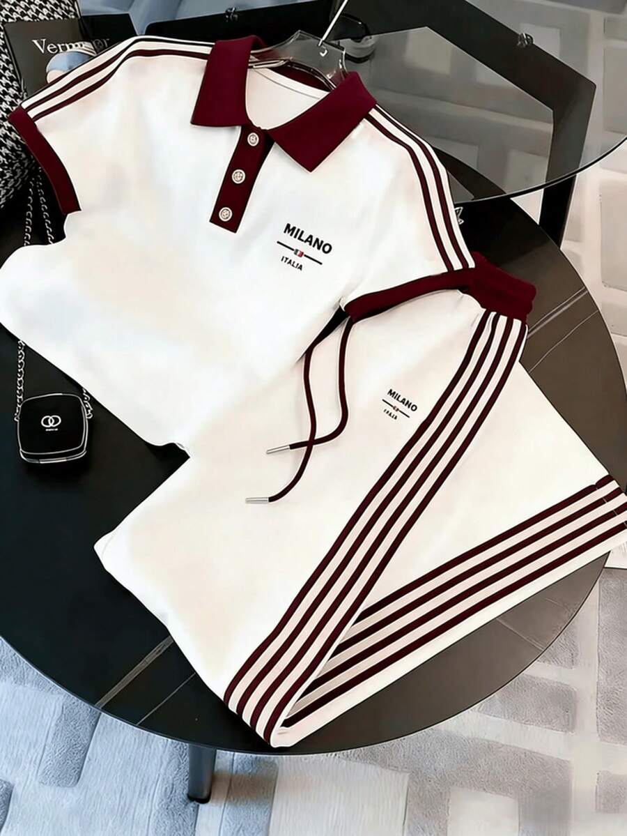 Two-Piece Set: Spring, Summer And Autumn Series. Suitable For Both Men And Women. This Includes Casual Sports Short-Sleeved Shirts And Long Pants. It Is Suitable For Various Occasions Such As Golf, Sports And Running. Summer Fall/Winter Contrast Binding Pocket Button Front Christmas - Màu Đỏ Sâu - Xem 1