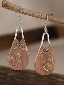 Vintage Electroplated Two Tone Women's Cute Cat Hook Hanging Earrings - 雙色 - 查看 2