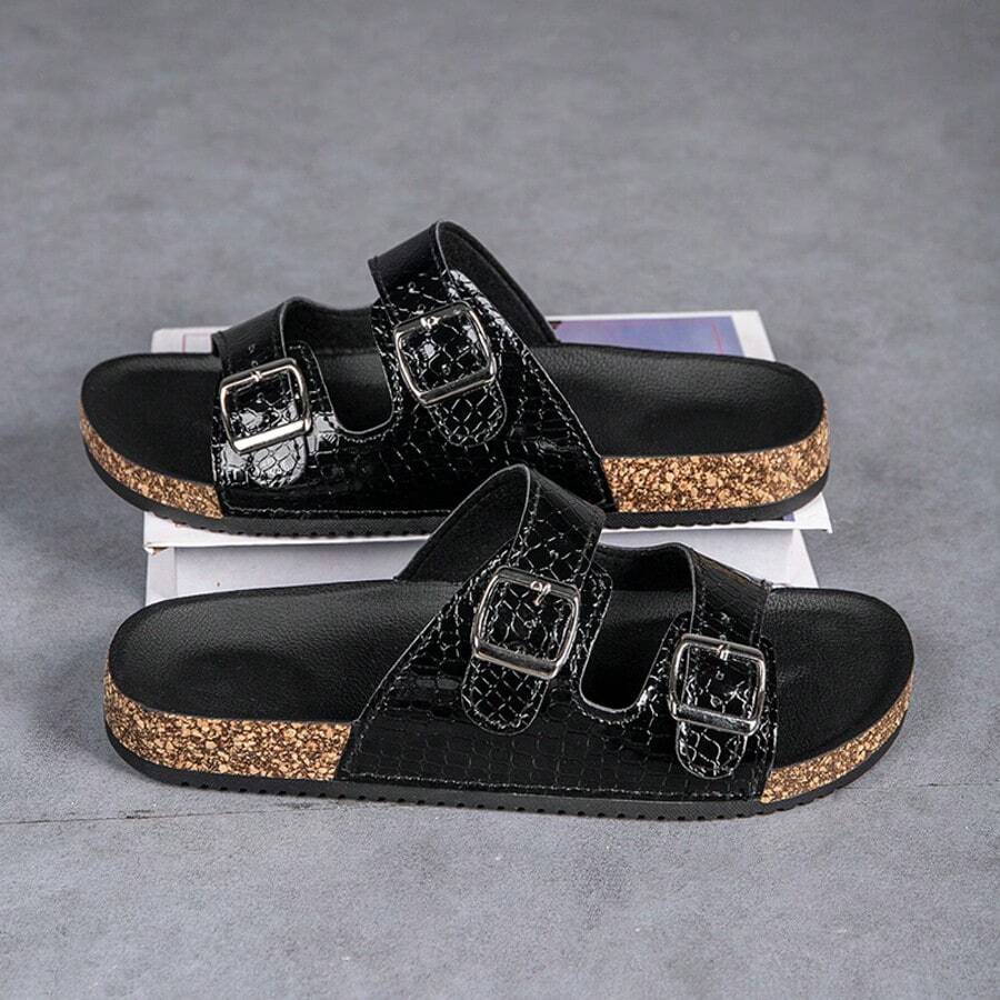 American Retro Crocodile Pattern Metal Buckle Summer Cork Non-Slip Casual Slides - Black - View 1