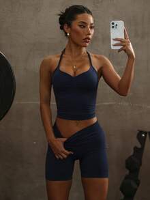 Women's Adjustable Strap Long Fitness Tank Top - Navy Blue - View 7