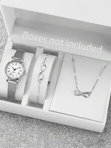 3 pezzi/Set Orologio al quarzo con quadrante piccolo a numeri romani minimal di moda per Donne & Set di gioielli a Figura 8 - Argento - Visualizzare 10