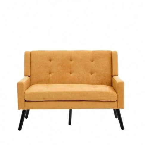 Premium Linen Bench (2-Seater) With Non-Slip Solid Wood Legs And High-Density Foam Cushion – Button-Upholstered Accent Chair For Living Room, Bedroom And Office - Yellow - View 1