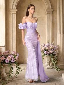 VIPGIRL Elegant Luxury Lilac Strapless Evening Gown, One Shoulder Ruffle, Embellished With Sequins And Tulle Ruffles, Mermaid Silhouette With Luxurious Satin Train, Suitable For Galas, Weddings, Red Carpet Events, Anniversary Celebrations And Other Formal Occasions - Mauve Purple - View 4