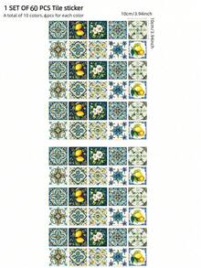 60pcs 10x10cm Bohemian Style Ceramic Tile Stickers, Customizable Pattern, Suitable For Living Room, Kitchen And Bedroom Wall Decor, PVC Wall Stickers For Home Decoration, Entryway And Wardrobe - Bohemian Style Kitchen Stickers - View 3