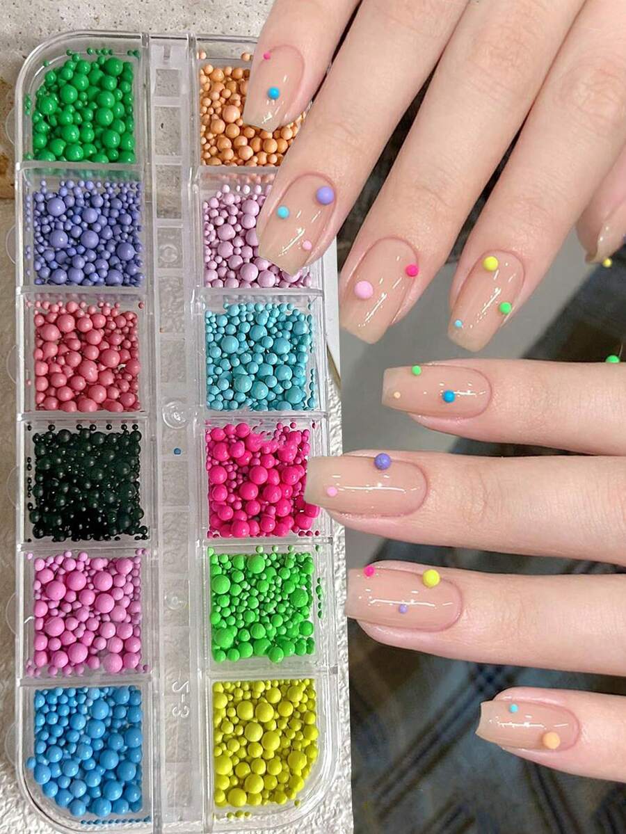 A Box Of Colorful Steel Ball Nail Art Accessories, 12-Compartment Pack, Dopamine Rainbow Candy Beads, Bubble Beads, Macaron 3D DIY Nail Decorations, Summer Nail Decorations - Multicolor - View 1