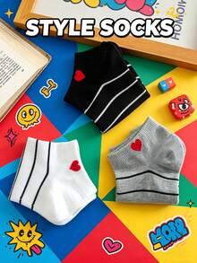 1/ 3 Pairs Japanese-Style Fine Striped Short Socks, Simple Little Heart Socks, ETNA Preppy Style Sweet Women's Socks - Multicolor - View 3