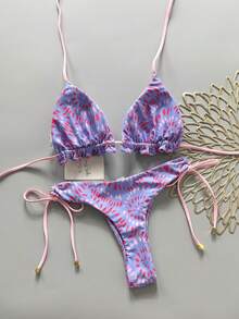 Bộ bikini hai mảnh màu trơn, kiểu dáng giản dị, thanh lịch, gợi cảm, buộc dây, đính hạt ngọc trai giả và chấm bi, phong cách Bohemian, thích hợp cho kỳ nghỉ biển, du lịch mùa xuân/hè. - Màu Lilac Tím - Xem 2