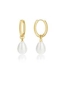 1 Pair Stainless Steel Waterproof And Non-Fading Stylish Women's Gold/Silver Water Droplet Pearl Hoop Earrings, Suitable For Women's Daily Wear - 多色 - 查看 7
