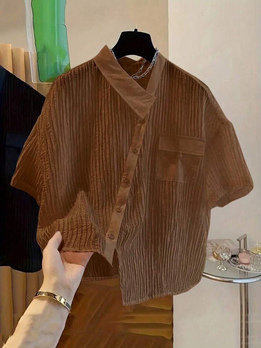 Women's Fashion Summer Casual Blouse, Shirt Collar, Asymmetric Hem, Front Button Closure, Woven Fabric - Coffee Brown - View 1