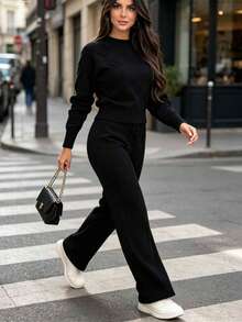 Women's Knitted Set: Blouse And Shaping Pants, Comfortable And Versatile For Everyday Wear - Black - View 4