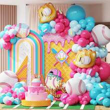 Ice Cream Dripping Baseball-Themed Birthday Party Decorations, A 130-Piece Baseball Balloon Arch Wreath Set, Ice Cream Theme, Bright Pink Latex Balloons Paired With Baseball Foil Balloons, Suitable For Birthday Parties And Gender Reveal Parties. - View 1