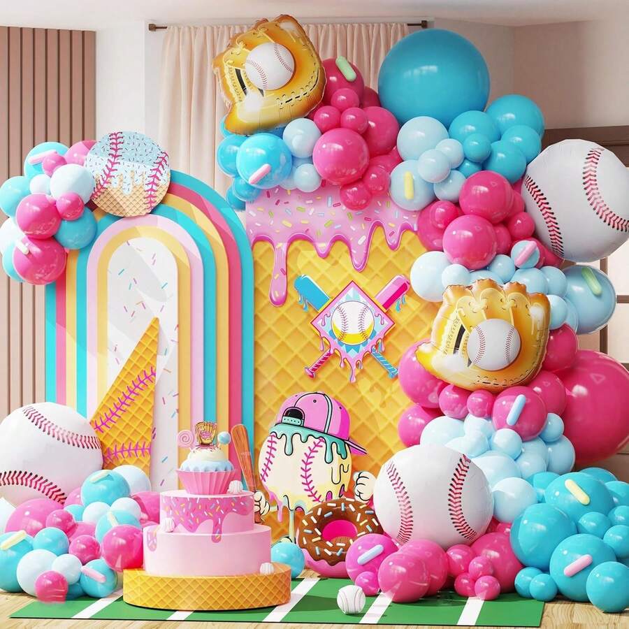 Ice Cream Dripping Baseball-Themed Birthday Party Decorations, A 130-Piece Baseball Balloon Arch Wreath Set, Ice Cream Theme, Bright Pink Latex Balloons Paired With Baseball Foil Balloons, Suitable For Birthday Parties And Gender Reveal Parties. - View 1