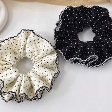 1 chiếc dây buộc tóc bằng polyester họa tiết hình học, kiểu dáng Hàn Quốc đa năng, chấm bi đen trắng, có bèo nhún. - Nhiều màu - Xem 4