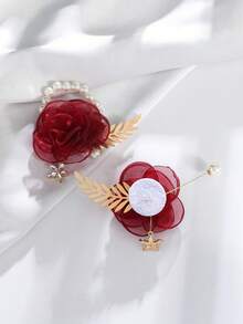 2 piezas Conjunto de flor de rosa con broche de aleación y corsage de muñeca, adecuado para novio, novia, padrino, dama de honor, boda, compromiso, banquete, aniversario, eventos de graduación, elegante, cumpleaños - Rojo oscuro - Ver 4