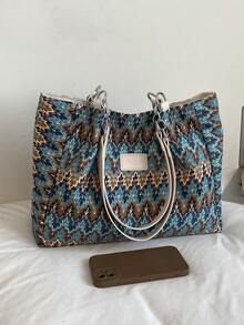 Dedoo Bohemian Style Large Tote Bag, Retro Printed Pattern With Exotic Vibe, Metal Chain Matching Adjustable Strap, Ideal For Daily Commute Short Trips - Blue - View 8