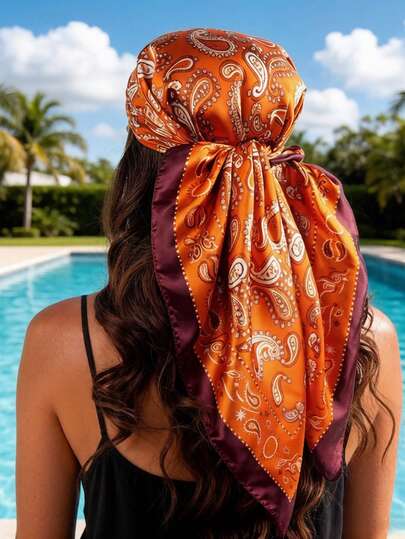 1pc 90cm Square Scarf, Women's Satin Paisley Print Headband, Headwrap, Fashion Neckerchief, Shawl, Scarf