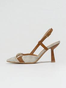 Giày sandal cao gót màu be thanh lịch với họa tiết hoa, thiết kế phối màu tương phản mùa hè, giày cao gót nữ thêu hoa trang trí dây xích, giày cao gót mũi nhọn hở gót có quai hậu thời trang, phù hợp cho kỳ nghỉ hè, đi chơi hàng ngày, dự tiệc, lễ hội âm nhạc, trang phục trang trọng, gót thấp phối màu tương phản - Màu be - Xem 9