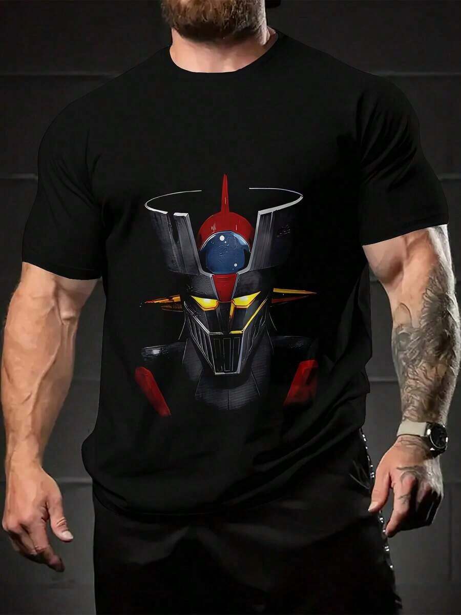 100% Pure Cotton T-Shirt With Mazinger Z Graphic, Casual And Simple Style, Soft And Comfortable, Round Neck, Short Sleeve With Bold Portrait Print, Urban Fashion For All Seasons, Casual Streetwear With Round Neck - 黑色 - 查看 1