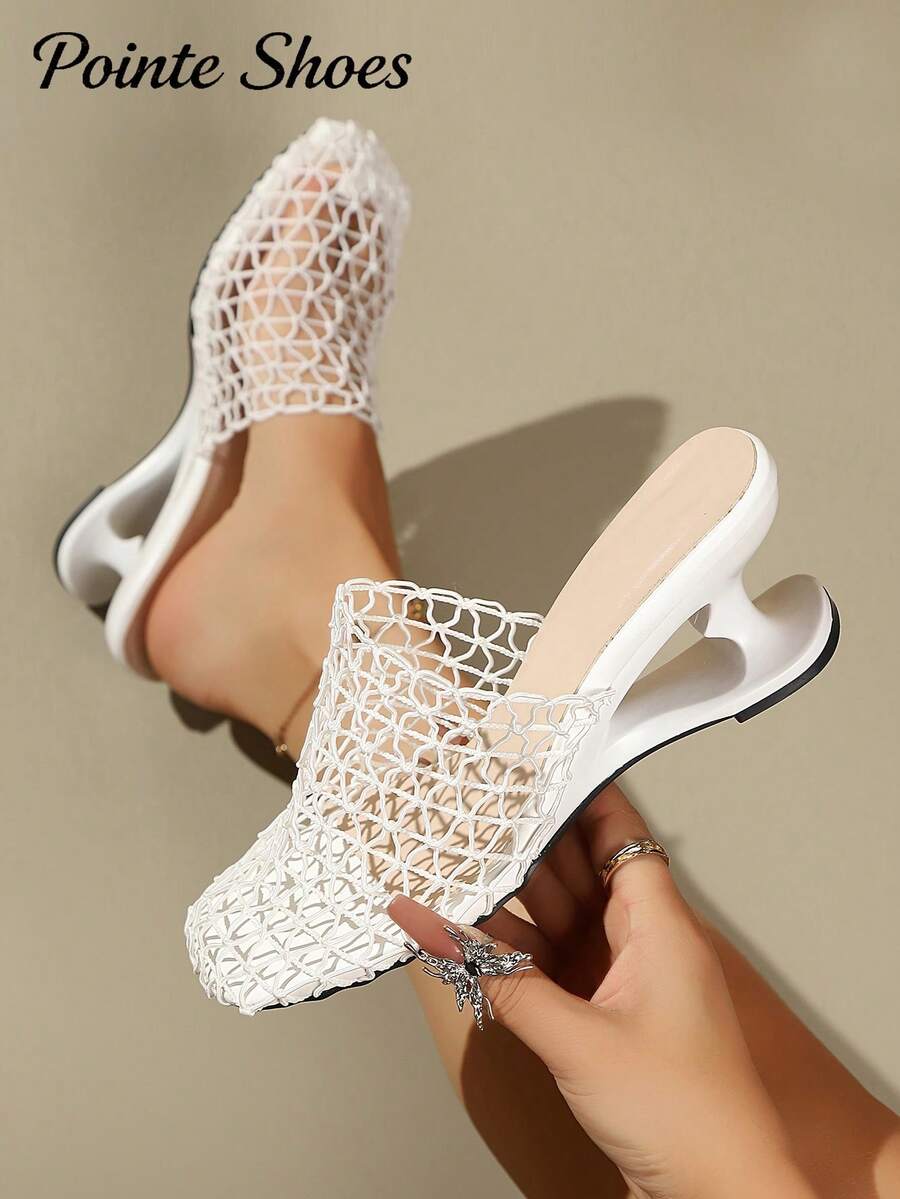 2026 Summer New Hollow Fishnet Design Asymmetric Heel Breathable Fashion Versatile Sandals