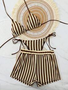 Traje de baño conjunto tres piezas para mujer para playa piscina vacaciones semana santa brunch y salidas a la playa bikini triangular con lazadas y shorts de playa con cordón color rojo y rosa textura arrugada estilo bohemio apto para verano y temporadas cálidas - Café integral - Ver 12