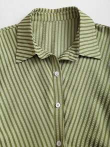 Vestido camisa a rayas rojas y negras, estilo dulce fresco, manga corta, corte ajustado, prenda imprescindible para verano - Verde Oliva - Ver 5