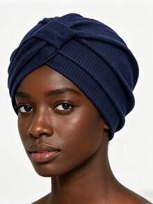 1pc New Women's Cotton Plaid Headscarf Hat, Small Square Elastic Headband Hat With Pointed Visor - Multicolor - View 5