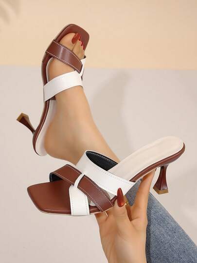 Giày sandal cao gót mũi vuông thanh lịch dành cho thiếu nữ, kiểu dáng slip-on, gót nhọn, thích hợp cho các buổi tiệc hoặc các dịp thường ngày.