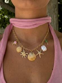 1件时尚金色海洋风项链，饰有绿色棕榈树、海星、章鱼吊坠和仿珍珠，是送给女友、家人和朋友的理想礼物。 - 金色 - 查看 3