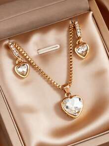 2pcs Set Niche Design Gold Base Big Heart Diamond + Star Hoop Earrings & Necklace Combo, Suitable For Party/Wedding - Gold - View 3