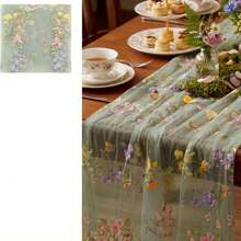 1pc Embroidered Butterfly Sheer Spring Floral Table Runner, Seasonal Spring/Summer Kitchen Dining Room Decor, Suitable For Wedding, Shower, Birthday Party - Green - View 3